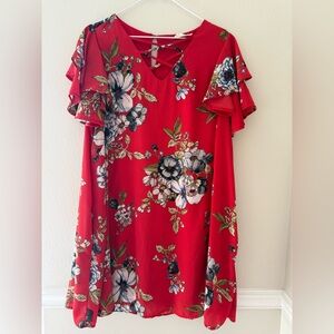 Floral Red Dress with Ruffled Sleeves